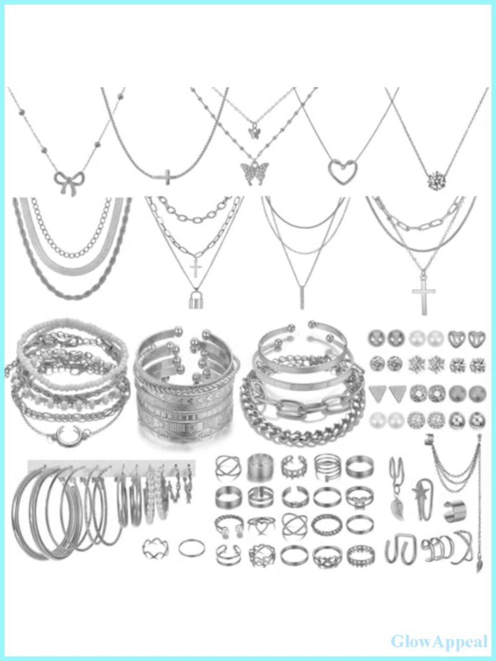 99 Pc Silver Plated Jewelry Set Layered Necklaces Bracelets Earrings Rings Gift